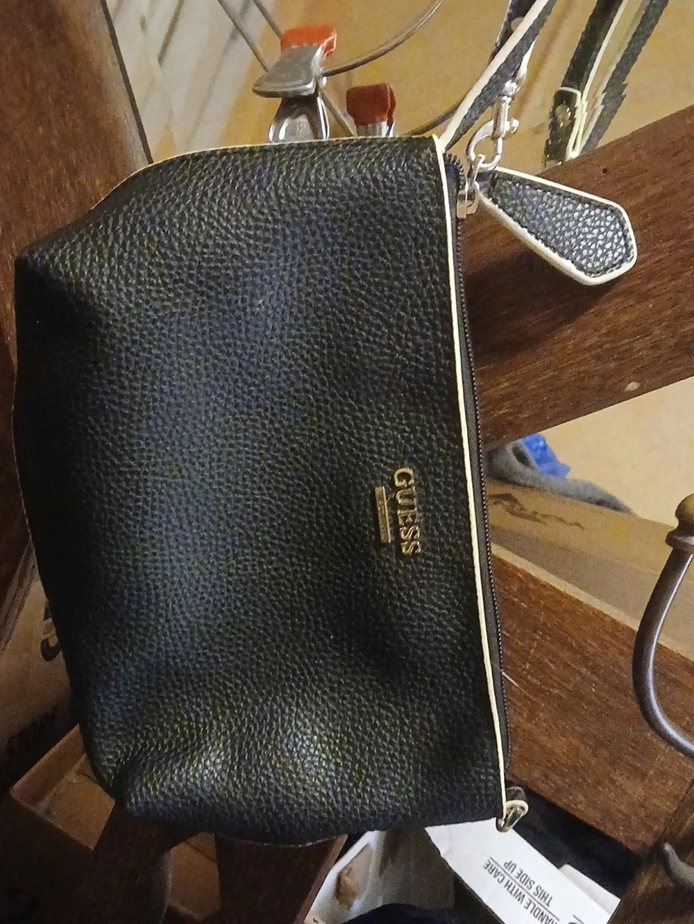 GUESS Black Pebbled Crossbody Wristlet with Gold Trim